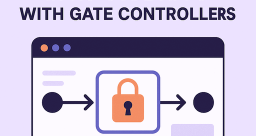 A lock icon struck by multiple arrows from the left and one arrow exiting to the right, symbolizing gate logic in no-code apps—conditions enter, access is evaluated, and actions follow.