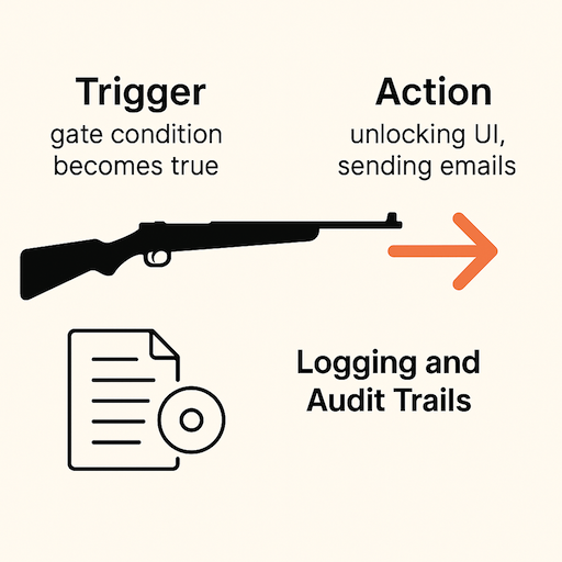 Illustration of a rifle used as a metaphor for gate logic in no-code apps. The trigger symbolizes a gate condition being met, while the bullet’s trajectory represents the resulting system actions like unlocking UI or sending notifications.