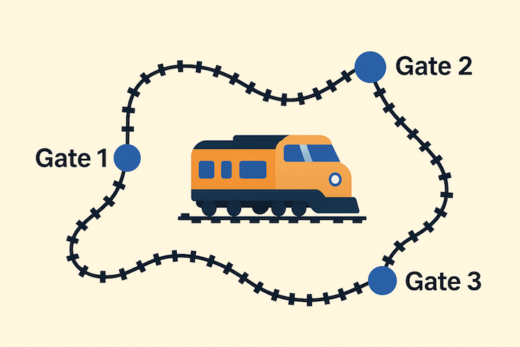 A stylized train route map with stations labeled Gate 1, Gate 2, and Gate 3, connected by rails. Represents user progress through gated stages in a no-code app.